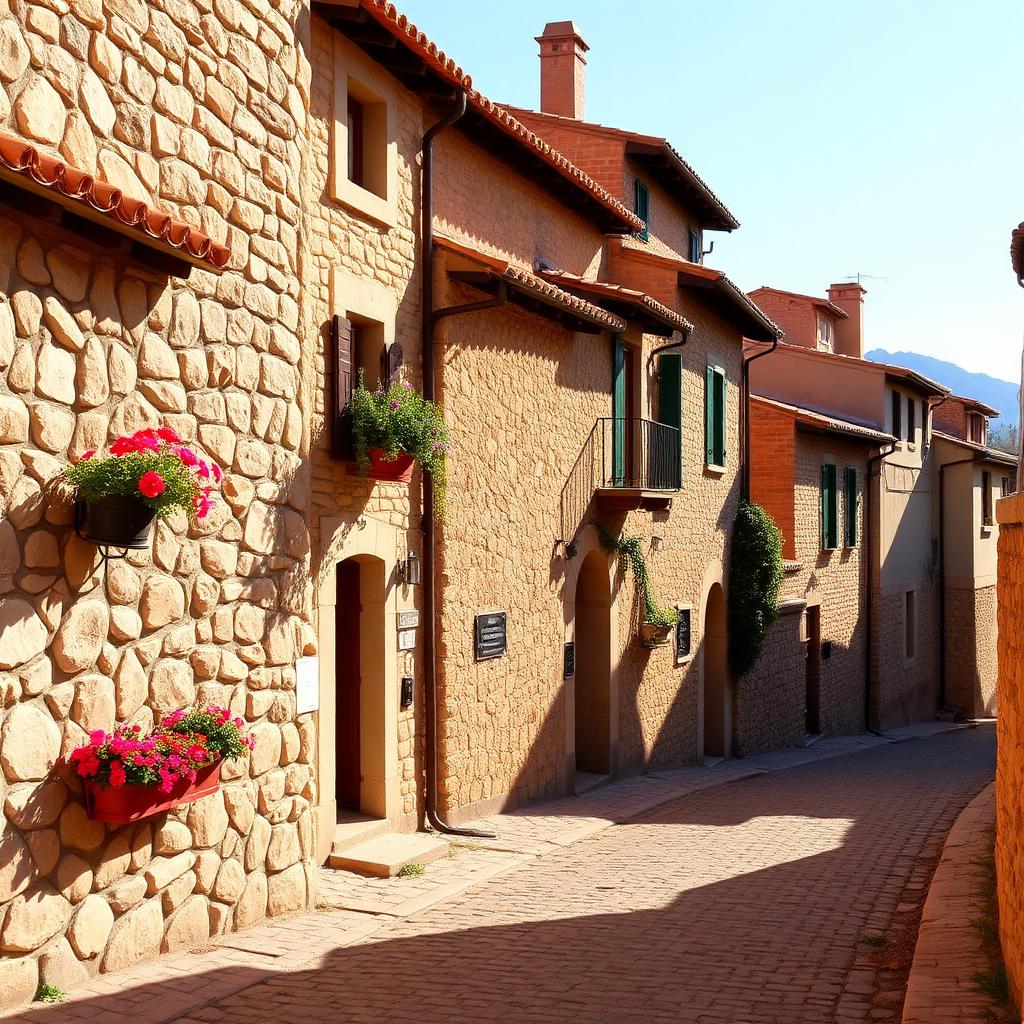 Calle tradicional de Aras de los Olmos con casas de piedra